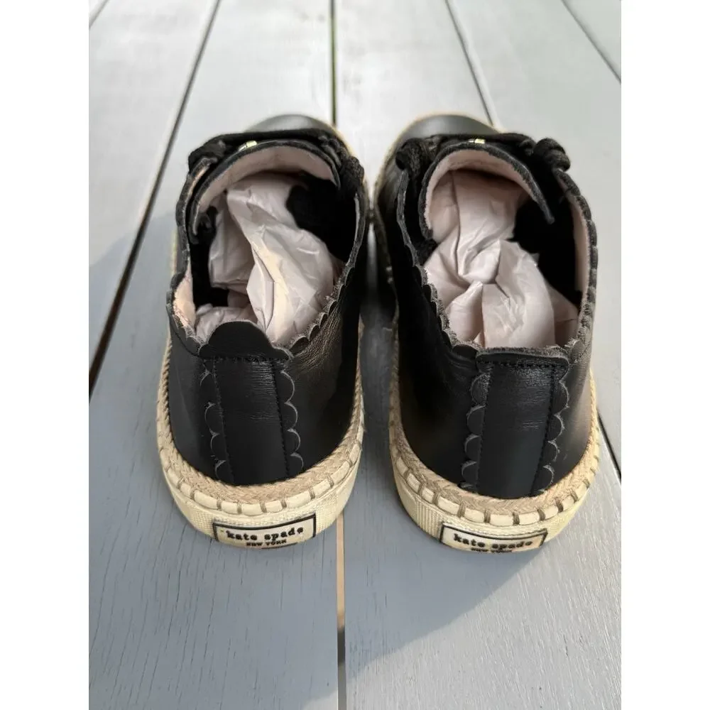 Kate Spade Lena Black Leather Scalloped Espadrille Sneakers Women Size 8M